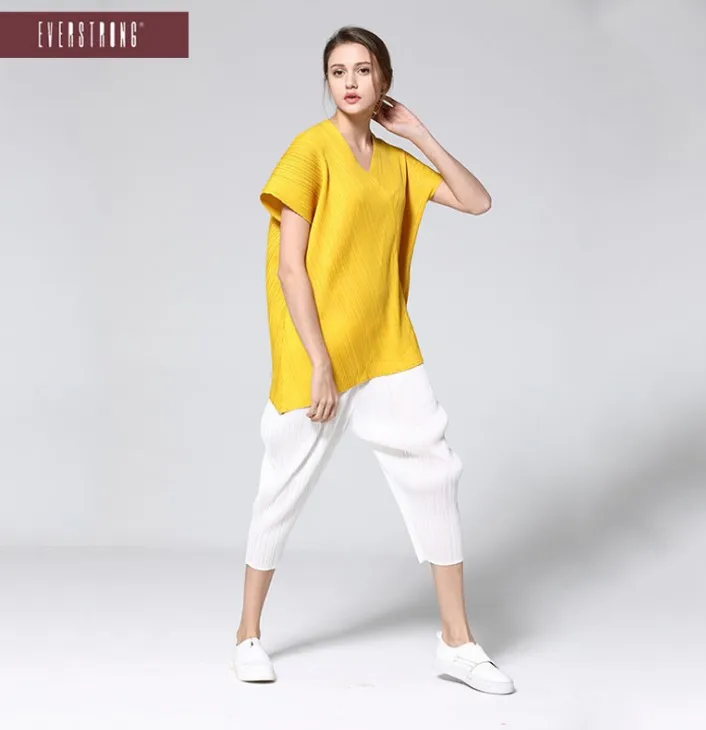 

Лидер продаж, модная свободная футболка джокер с рукавом летучая мышь, Однотонная футболка с v-образным вырезом и складками, в наличии