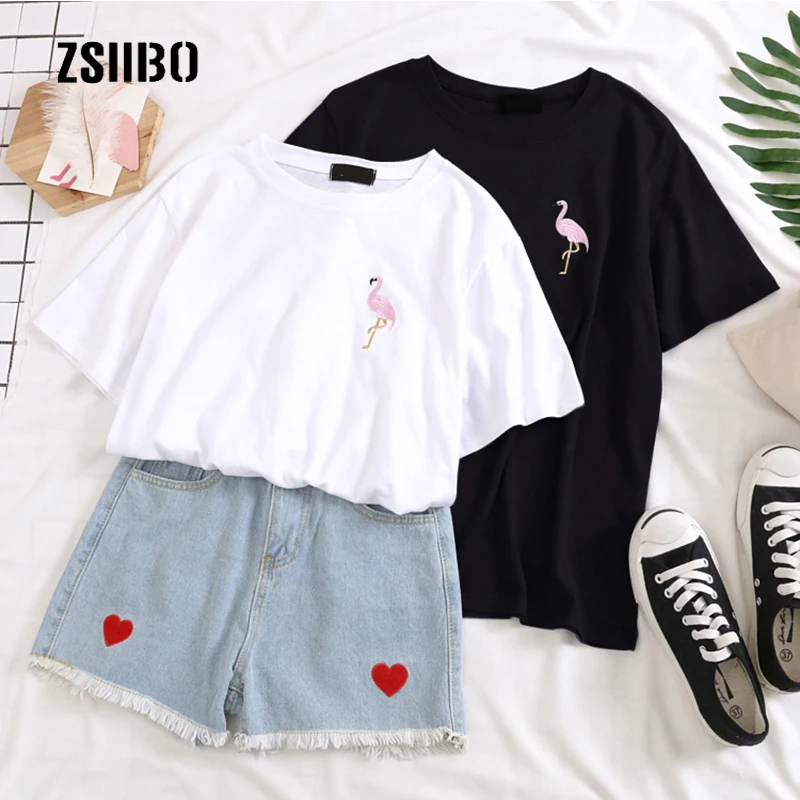 

New Summer bf female T-shirt flamingo large size embroidery casual short-sleeved hip-hop ins large size Harajuku ins T-shirt
