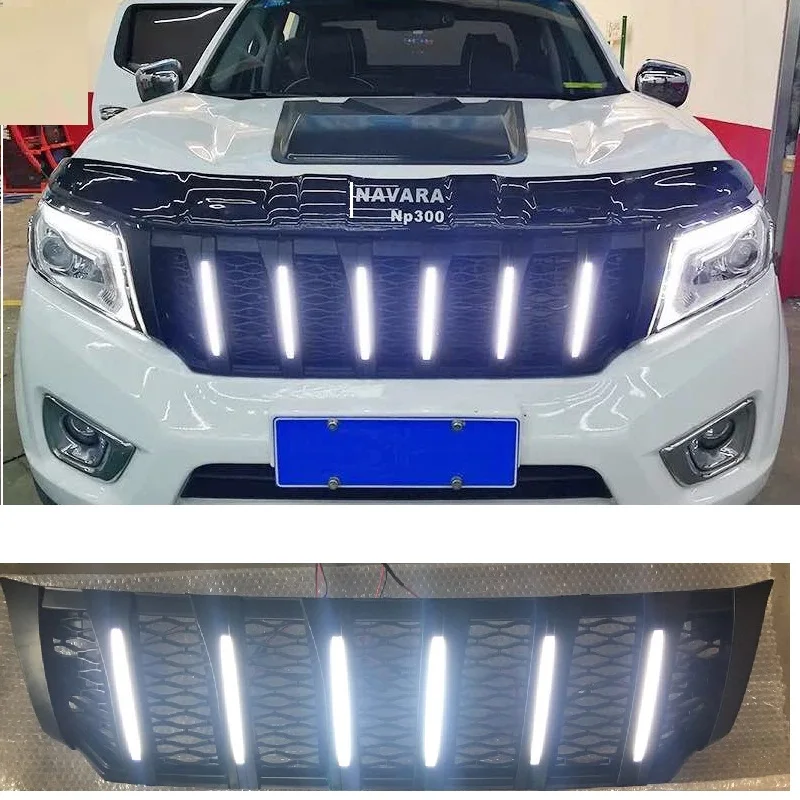 Спереди Гонки Грили маска с светодиодный DRL для NAVARA NP300 аксессуары Передняя решетка гриль ABS матовый черный, пригодный для NISSAN NP300