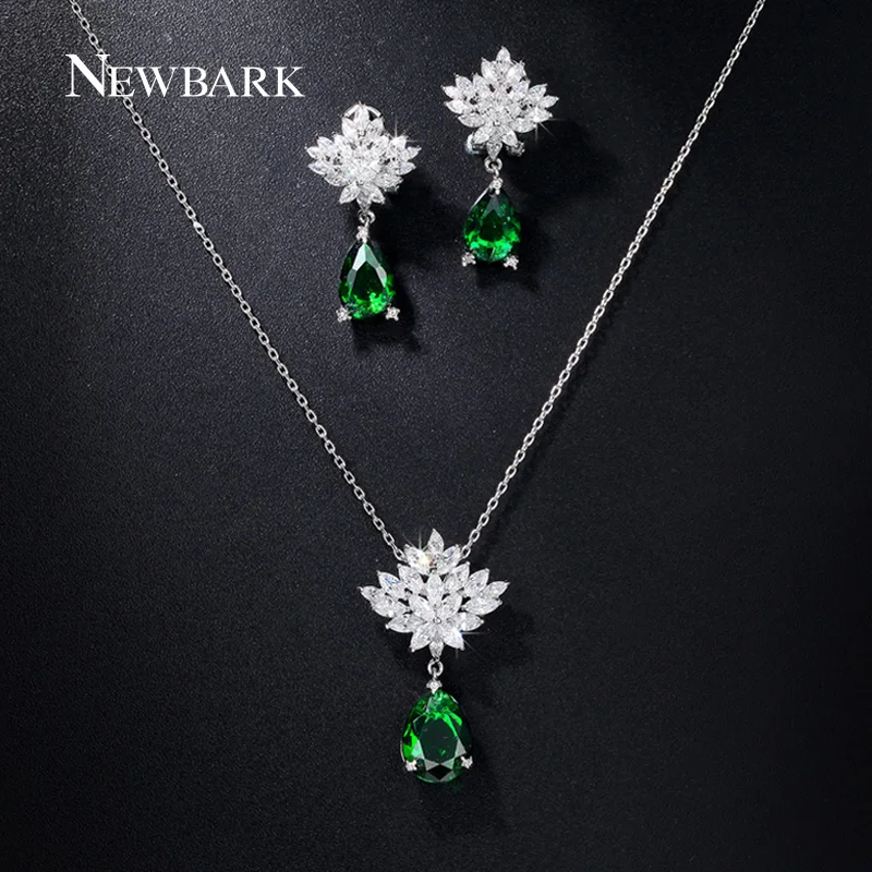 

NEWBARK Jewelry Sets For Brides Women 2017 Hot Green Crystal Stone Teardrop Pendant Wedding Silver Color Earrings + Necklace Set
