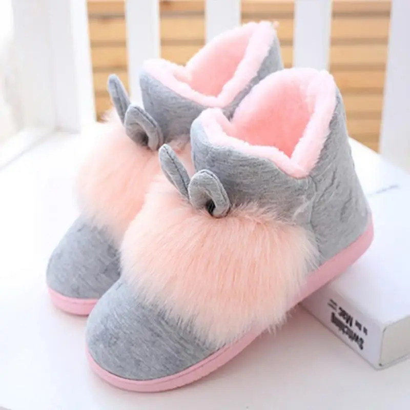 Зимняя теплая плюшевая домашняя обувь с заячьими ушками на толстой нескользящей