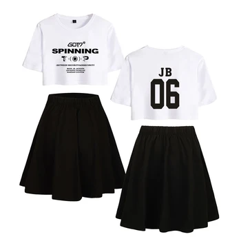 

GOT7 Kpop Printed Letter 2019 Sexy Top Skirt Dress Women Suit Set Vintage White Crop Top And Black Skirt Lady Set Party Clothing