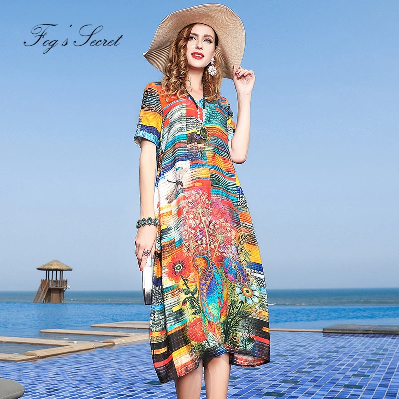 

Nature Real silk Print dress For Women V Neck Elegant Large size Thin Loose dresses with side pocket 2019 Summer