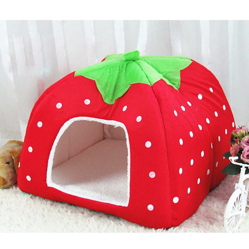 pawstrip 5 Size Cute Strawberry Dog Bed House Winter Cat Bed Leopard Pattern Foldable Dog House For Small Dogs perro - Цвет: Red