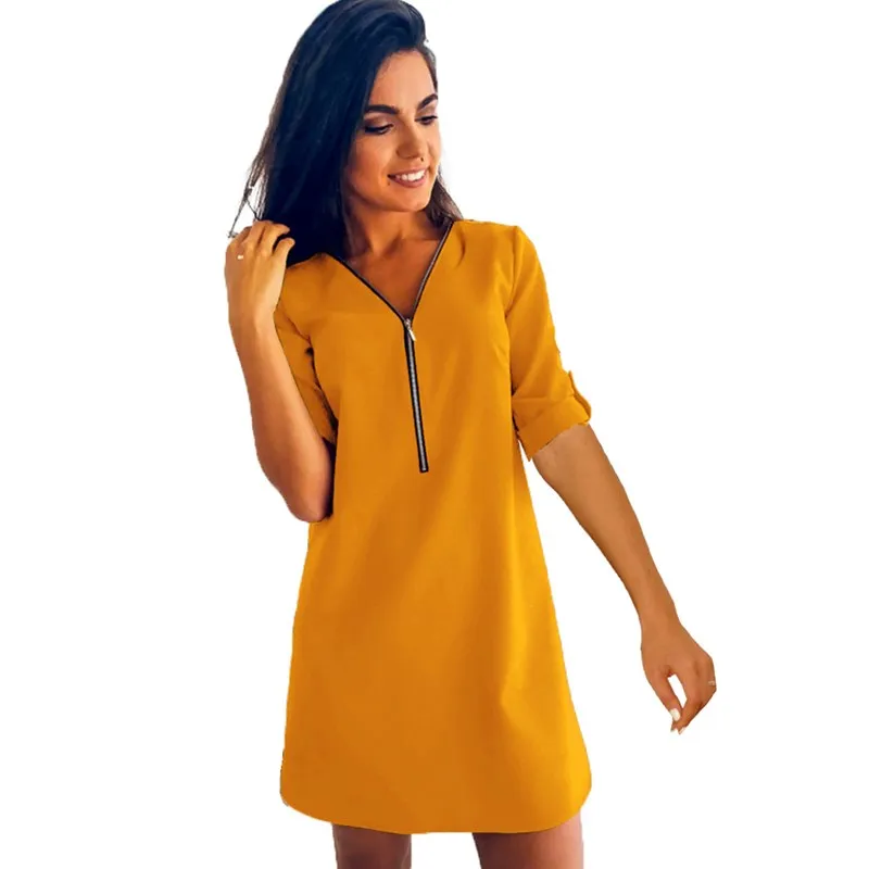 

2019 7 Colors Women Summer Women Casual V-Neck Straight Dress Solid Color Half Sleeve Zipper Loose Mini Dress