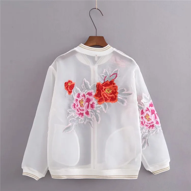 2018 autumn Women White Flower Jacket See Through Sexy Outwear Coat Lady Casual Embroidery Baseball Jackets Tops Coats