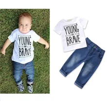 Летняя одежда для маленьких мальчиков комплект детской одежды, белая футболка+ синие повседневные джинсы комплект одежды для мальчиков, повседневный спортивный комплект одежды для малышей