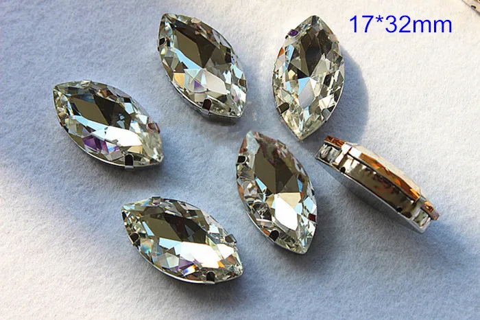 

Large Size Navette Sewing on Beads,Faceted Clear Crystal Glass Bead in Silver Setting,Garment Decoration Beads