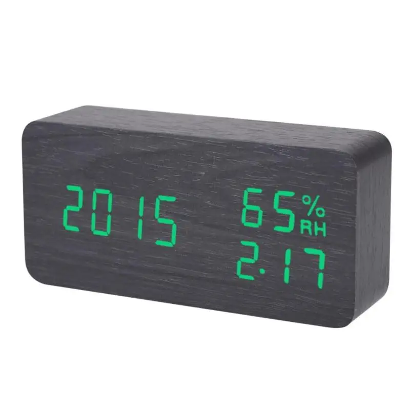 

Digital LED Alarm Clock Sound Voice Control Light Digital LED Time Humidity Display Wooden Alarm Clock Electronic Clocks Desk