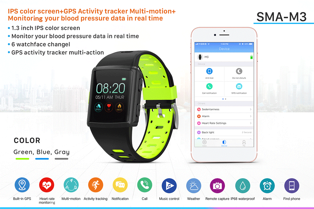 SMA-M3 Смарт-часы IP68 Водонепроницаемый 1,3 ''ips Полный Круглый экран умный Браслет BT4.0 мониторинг сердечного ритма сна gps шагомер