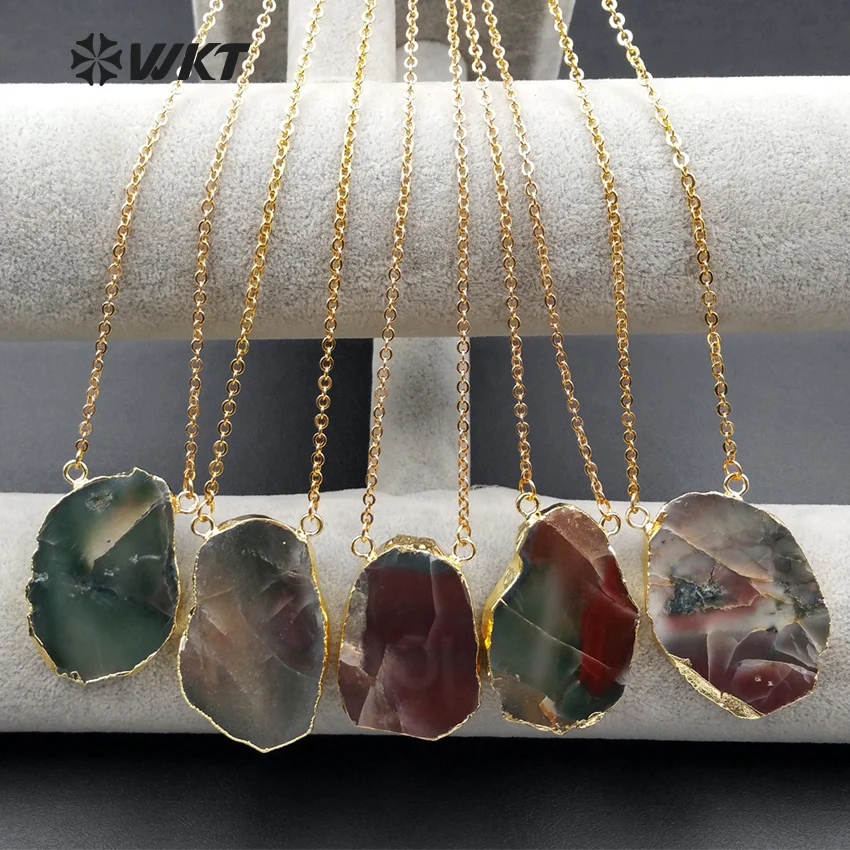 

WT-N994 Wholesale Custom Genuine Natural Rainbow Cornelian Necklace With Gold Trim Double Loop Random Shape Pendant For Jewelry