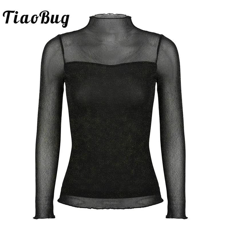 

TiaoBug Women Fashion Turtleneck Blouse Shirt Glitter Mesh Sheer Lace Long Sleeve Blouses Elegant Ladies Casual Tops Club Wear