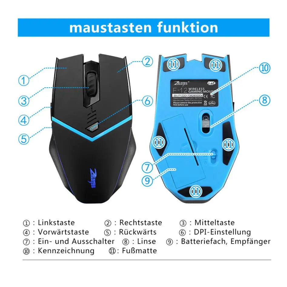Профессиональная беспроводная мышь zelotes F12 с нано-приемником 2,4G новая портативная Мобильная игровая мышь для ноутбука кабельный адаптор
