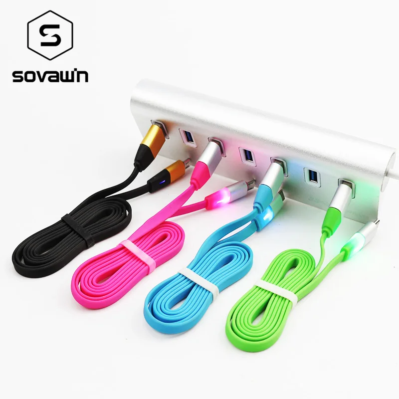 2A 1M Metal LED Micro USB Cable Charge Noodle Flat Fast Charging