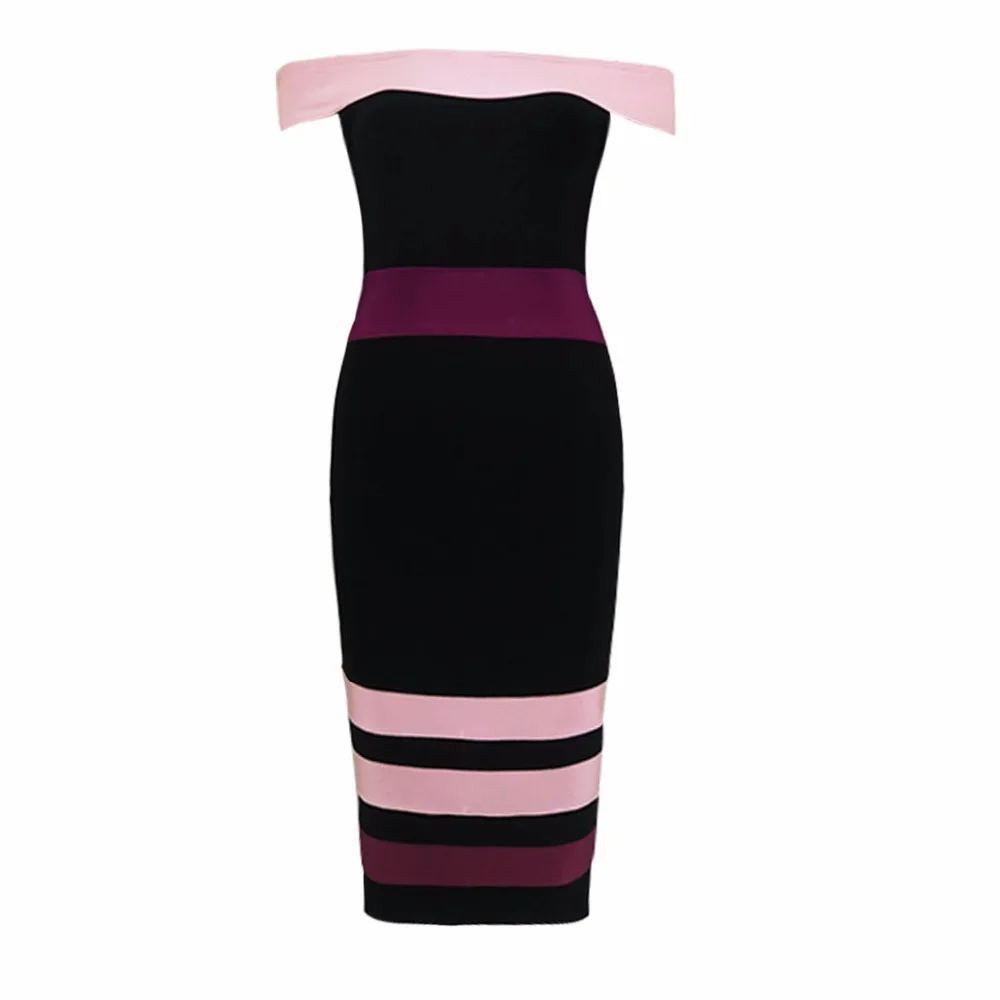 

Shining Beauty Top Quality Women Sexy Off Shoulder Striped Bandage Dress 2017 Knitted Elastic Party Dress
