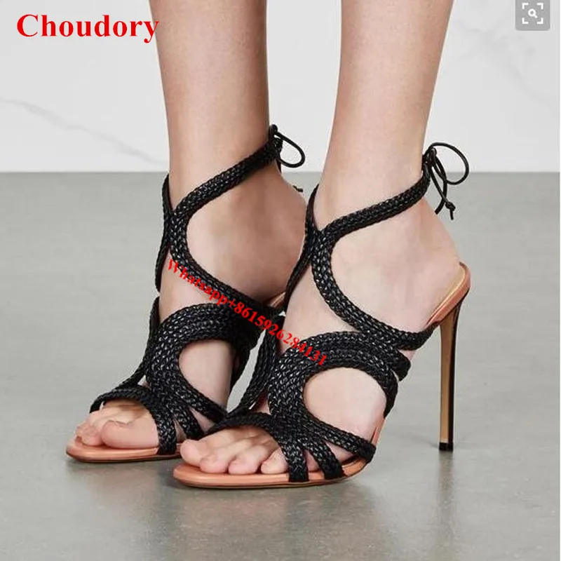 

Black Braided Leather Strappy Stiletto Sandals Pumps 2017 New Elegant Peep Toe Back Cross Tied Cut Out Lady Dress Shoes Women
