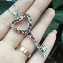 Натуральный многоцветный Турмалин Подвеска S925 серебро Природный камень кулон Цепочки и ожерелья модный элегантный большой ключ женские вечерние украшения