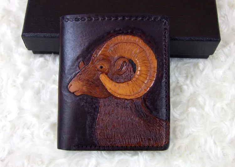 

Hong Kong OLG. YAT zodiac Sheep carved by hand wallet Men's brief paragraph(vertical)purse/ wallet Italian pure leather wallets