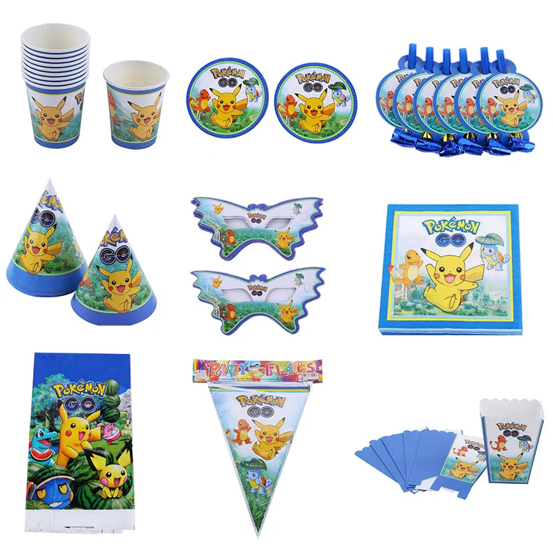 

Optional cute pokemon Decoration Party favors Plates Fork Flag Children Kids Birthday Party mask Disposable Tableware Sets