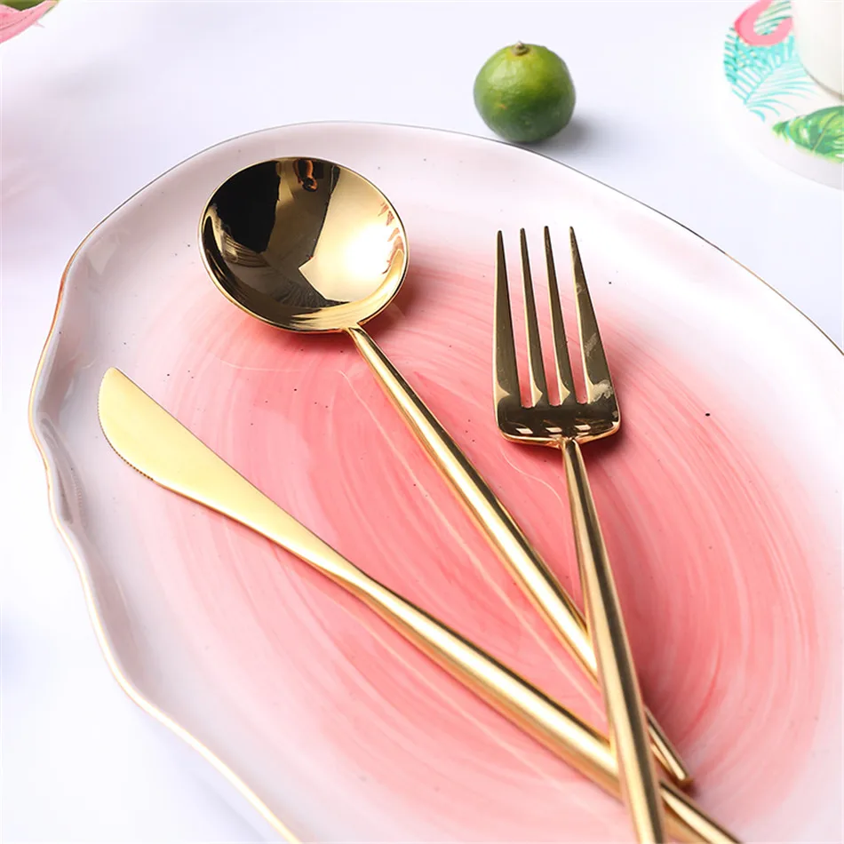 Shinny Mirror 304 Stainless Steel Dinnerware Sets Plating Gold Knife Fork Spoons European Western Food Tableware Cutlery Sets (2)