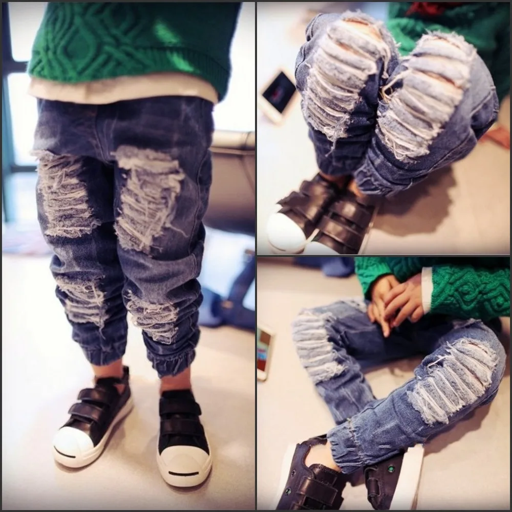 Children Clothing Baby Jeans Boys Distressed Kids Pants Broken Holes