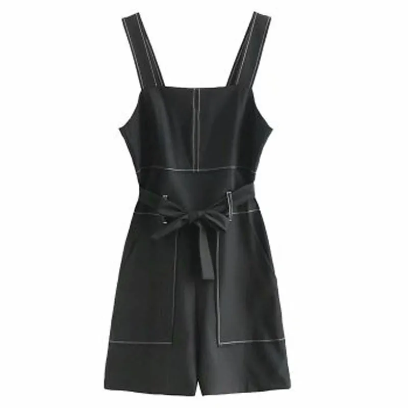 

Women's Clothing Black Cotton and Linen Fabric Casual Fashion Playsuits Comfortable Fabric Fresh and Sweet Sling Playsuits Belt