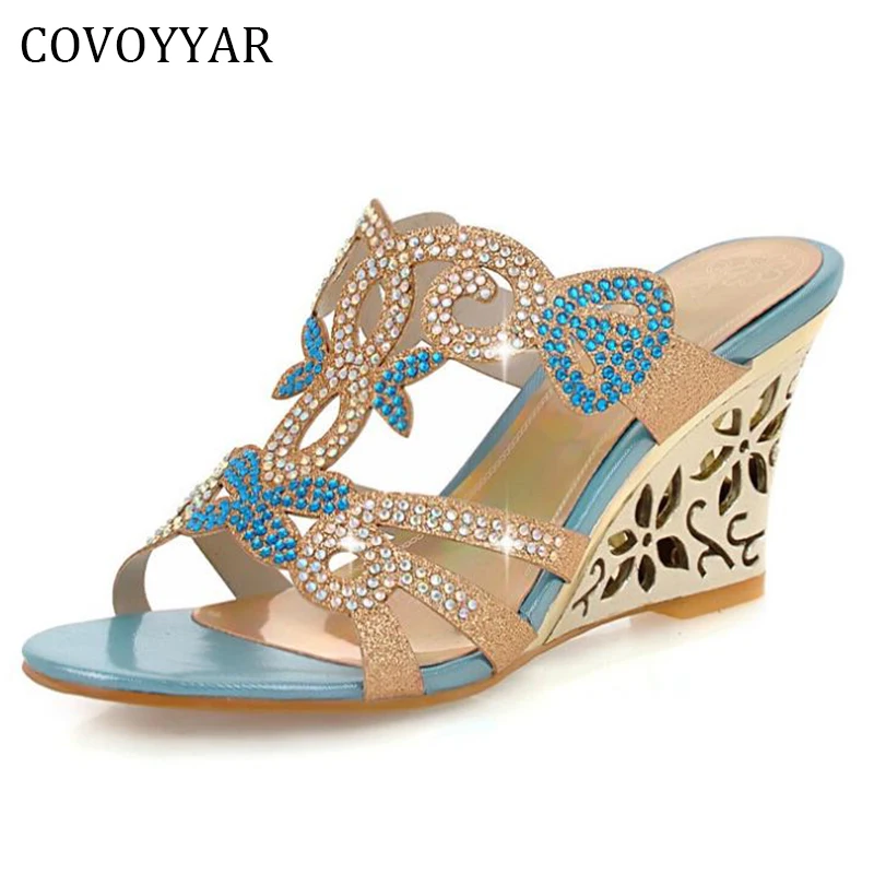 

2019 Elegant Rhinestone Wedges Sandals Women Cut Out Flowers Ladies Sliders Slippers Summer Peep Toe Women Shoes Slip On WSS586