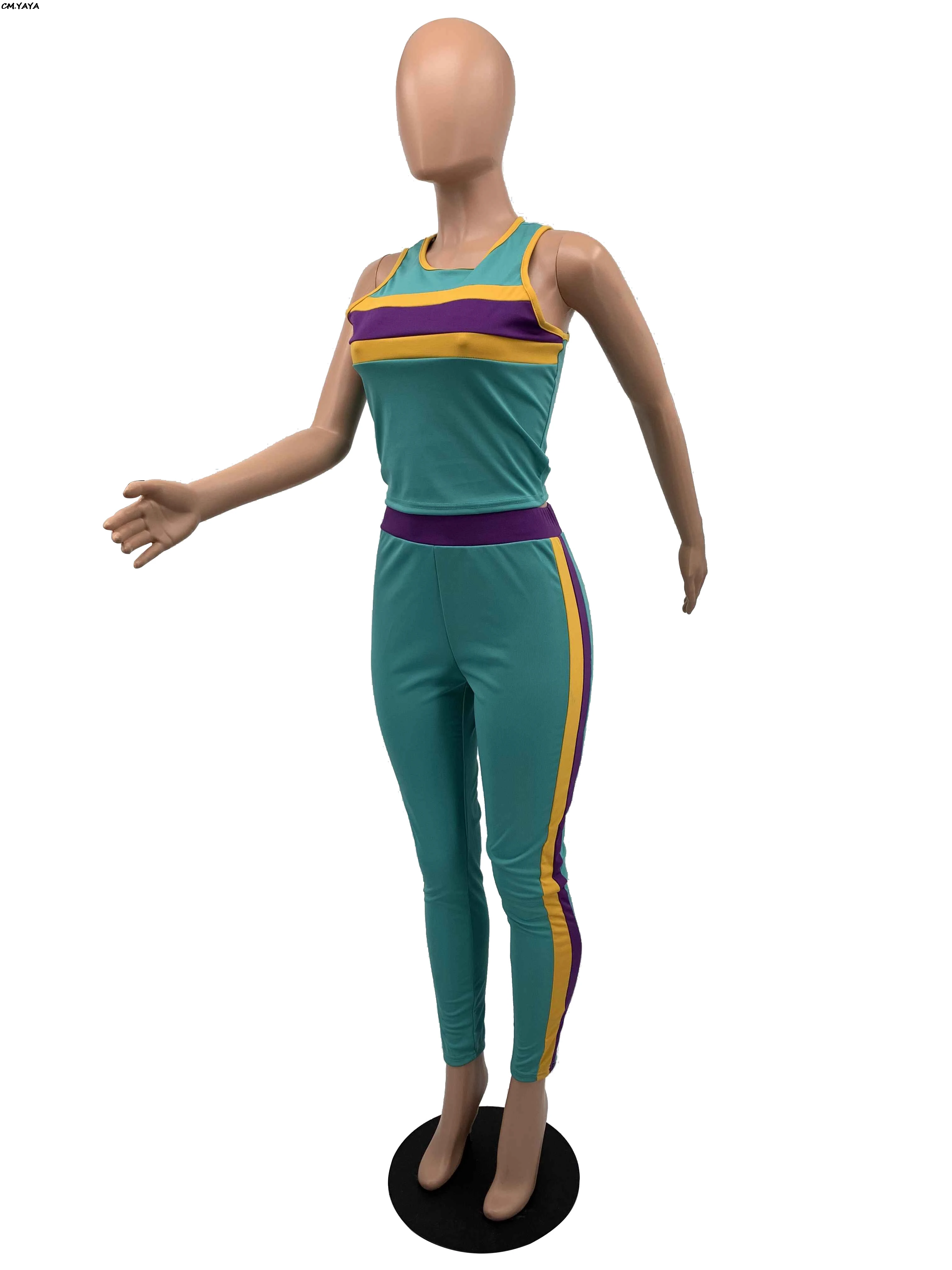 Женский летний лоскутный топ на бретелях, футболка, обтягивающие брюки-карандаш, комплект из 2 предметов, спортивный костюм, одежда для активного отдыха, 3 цвета, M6161