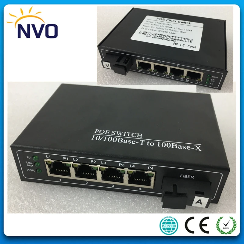

SC Uplink 1 Fiber 100M port+4 ports 10/100M RJ45 Umanaged POE Fiber Switch,IEEE802.3at 65W with Single Fiber,1310/1550nm,25KM