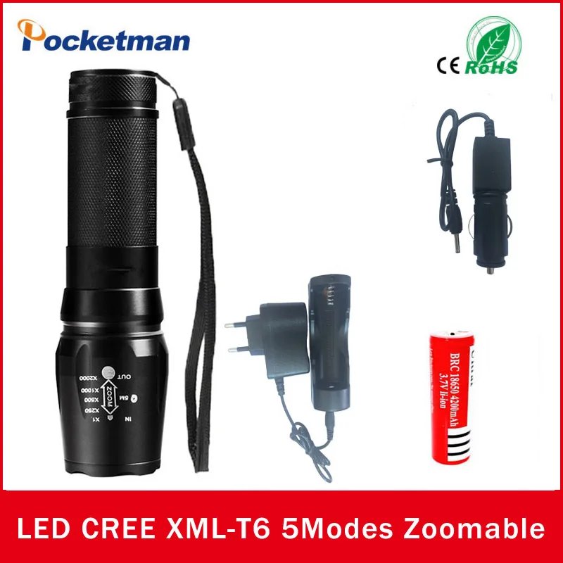 

XML T6 LED 4000Lm linterna led Torch Zoomable Tactical LED Flashlight lampe torche +18650 Battery car charge E17