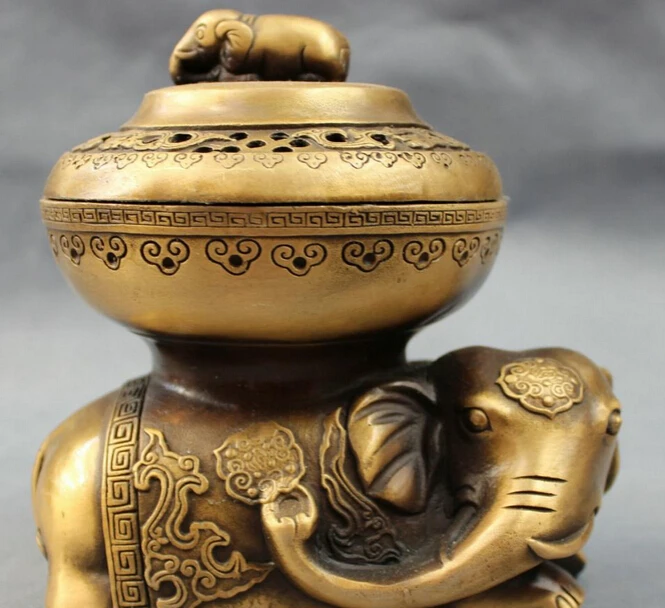

JP S0606 6" Folk Chinese Bronze RuYi Elephant Heffalump Statue Box Incense Burner Censer B0403
