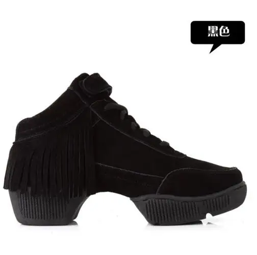 С бахромой танцевальный обувь для женщин Джаз тапки хип-хоп сальса танцевальные кроссовки для женщин кожа Спорт улица хип хоп танцевальная обувь - Цвет: Black