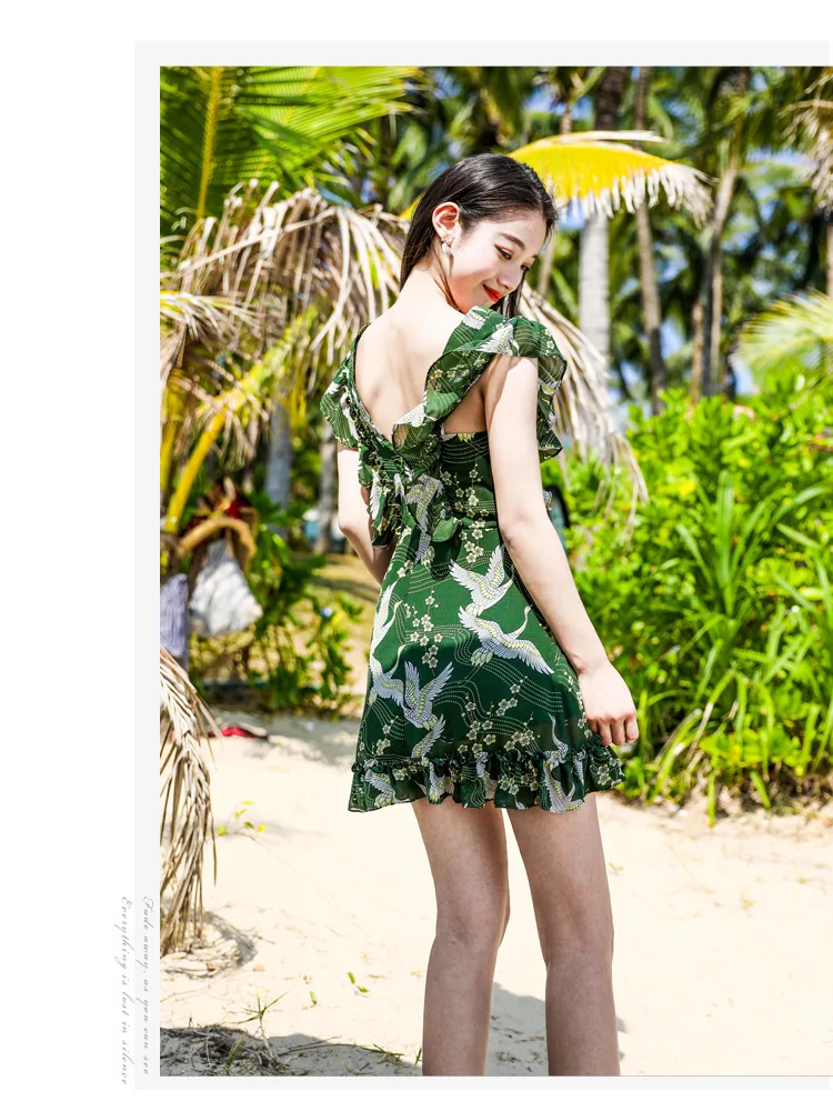 TANG 2019 New Arrival Summer Chiffon Tight Dress Deep V-Neck Floral Print Mini Dress Slim High Waist Beach Dress (9)
