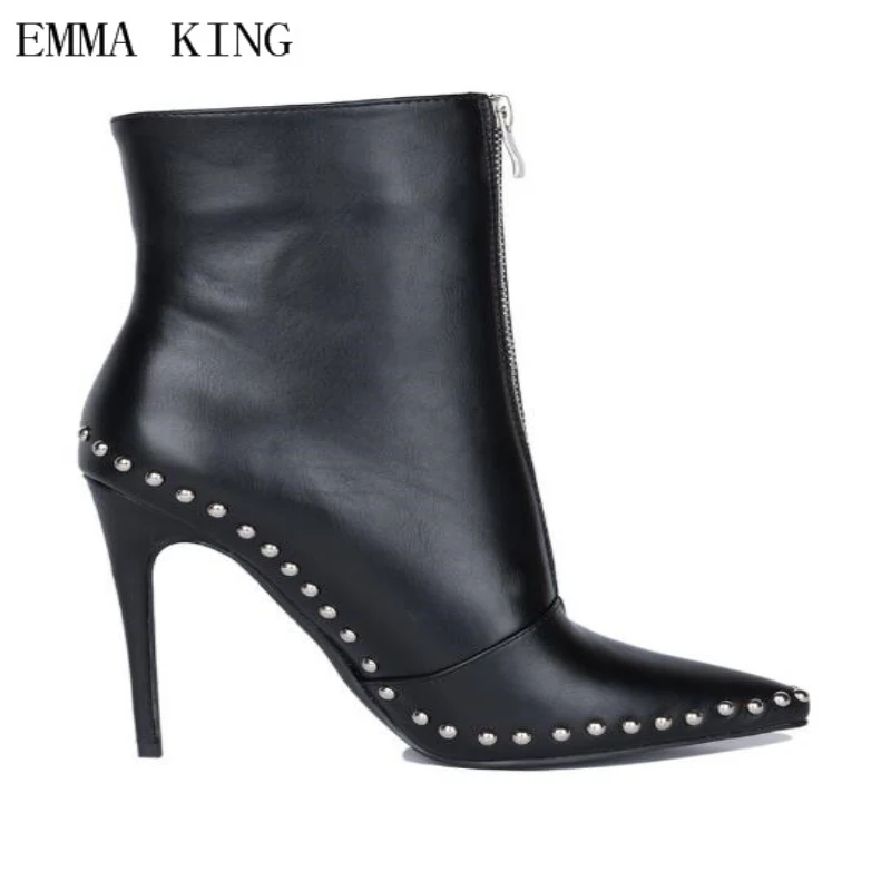 

EMMA KING Rivets High Heel 12 cm Ankle Boots For Women 2018 European New Fashion Pointed Toe Stiletto Zipper Naked Boots