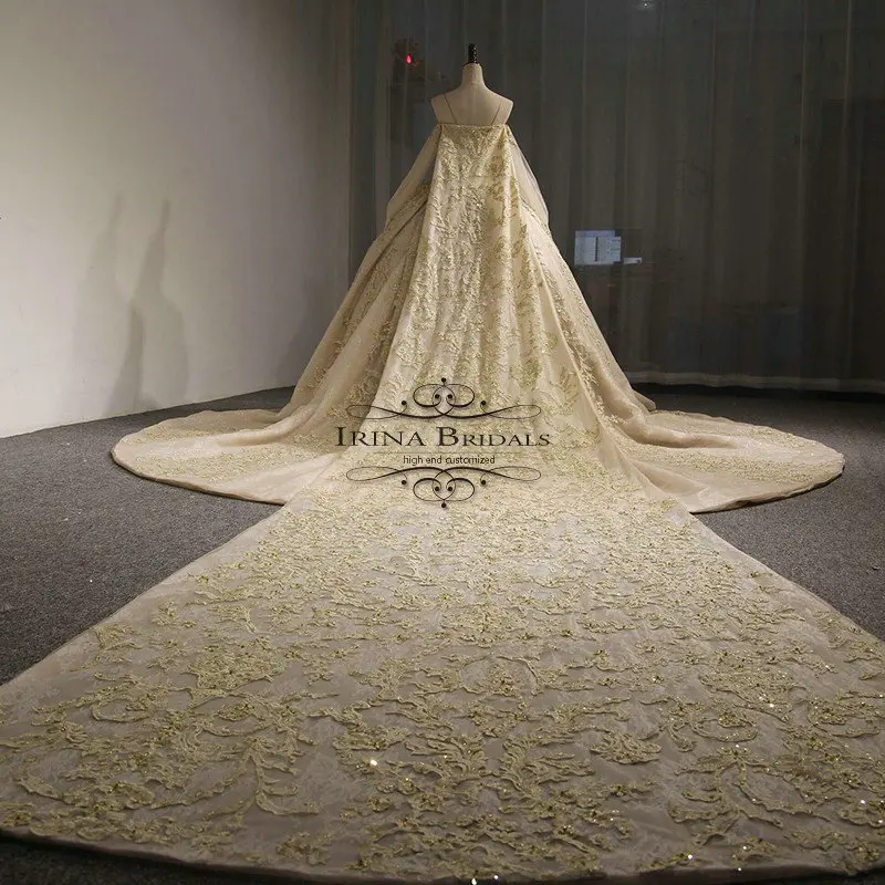 Ирина Bridals vestido de gala с плеча с длинным рукавом Кружева Аппликации Королевский свадебное платье