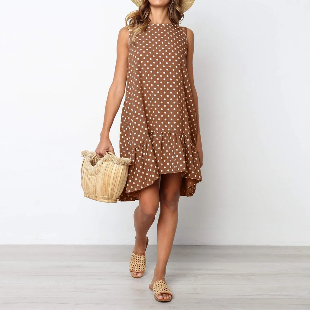 

Summer Women's Fashion Dress Casual Loose Dot Round Neck Sleeveless Mini Tank Vestidos Wrinkle Resistance Daily Wearing OY41*