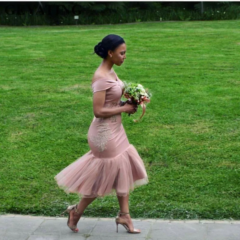 Пыльное розовое платье подружки невесты в стиле русалки короткое чайное платье с аппликацией в африканском стиле для женщин Свадебные праздничные платья Vestido madrinha
