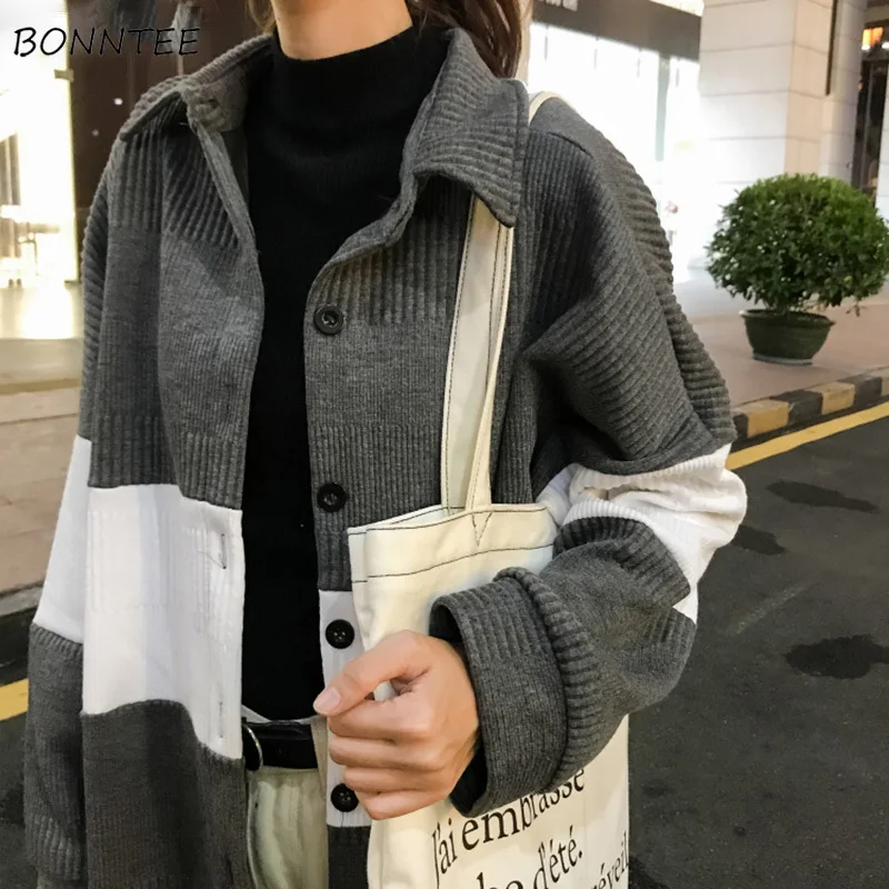 

Blends Women Retro Striped Knitting Single Breasted Turn-down Collar Womens Coats Korean Style Trendy Chic Simple All-match Soft