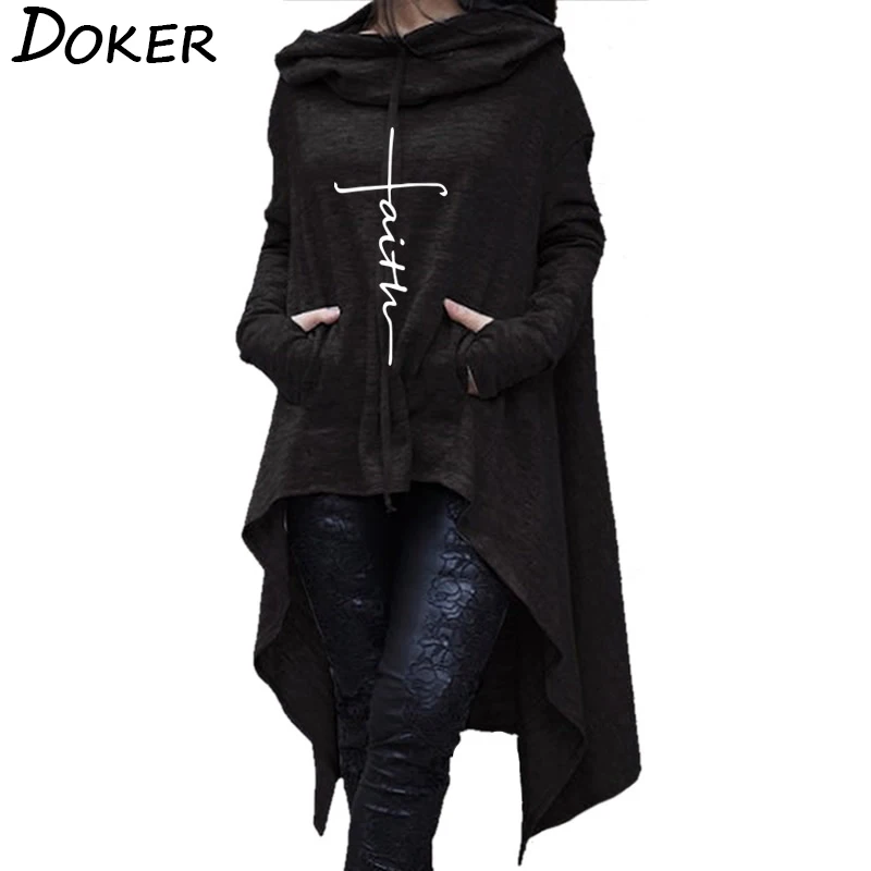 2019 New Faith Letter Embroidered Long Hoodies Women Long Sleeve Irregular Hem Pocket Sweatshirt Fe
