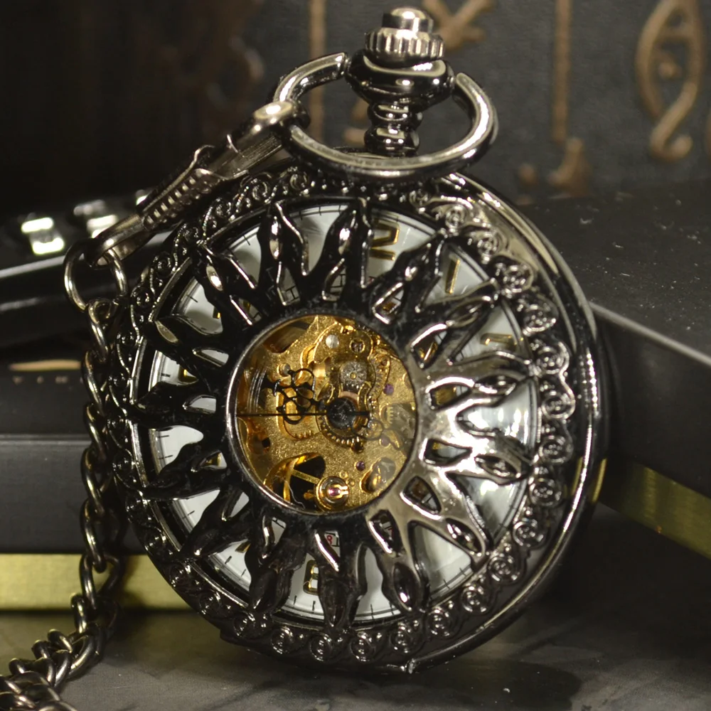 Luxury Skeleton Black Retro Antique Skeleton Mechanical Pocket Watch