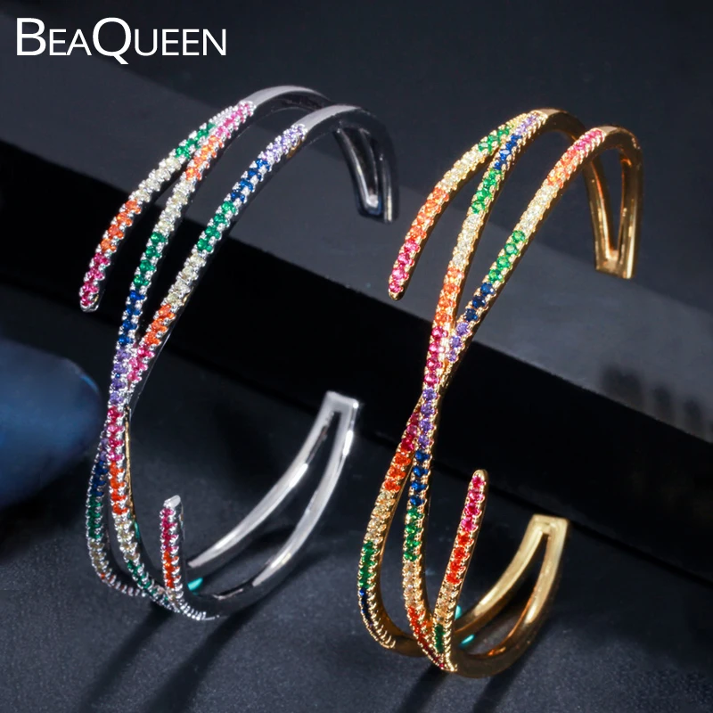 

BeaQueen Exquisite Adjustable Size Cuff Bangle Colorful Cubic Zirconia Rainbow Cross Wire Bracelets Bangles Dress Jewelry B172