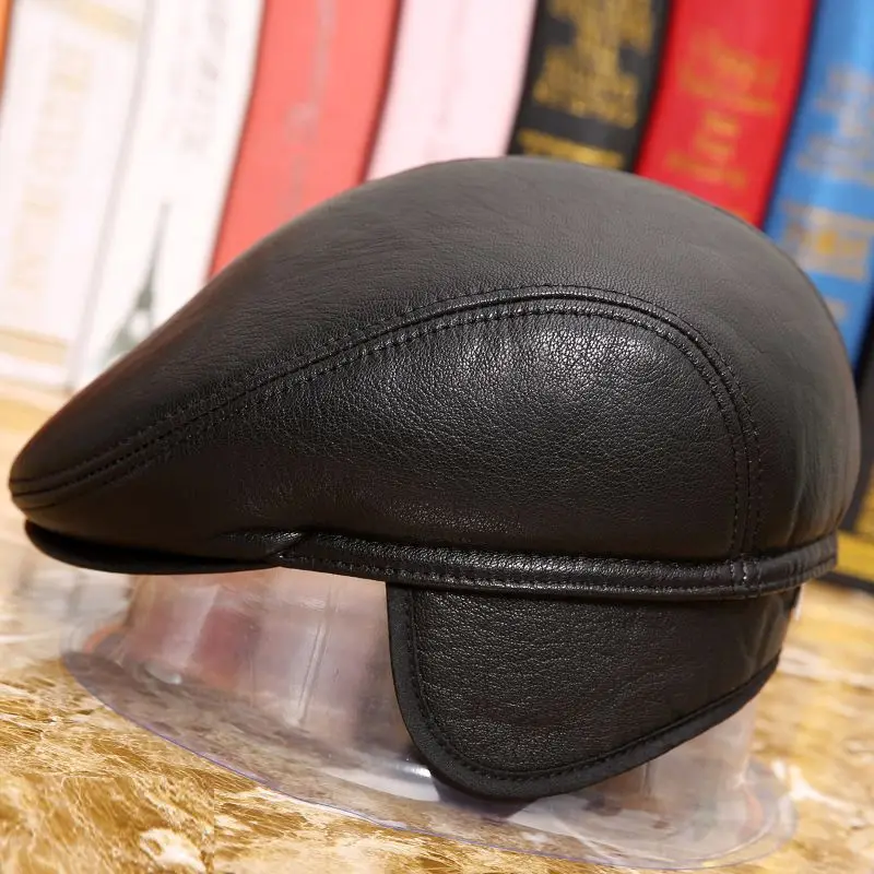 

Male Genuine Leather Visors Hat Men's Winter Warm Sheepskin Beret Cap Men Ear Protection Duck Tongue Forward Cap B-8653