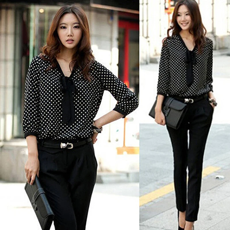 

Women's autumn Polka Dot Shirt Loose Long Sleeve Blouse Top lantern sleeve Bowknot Chiffon