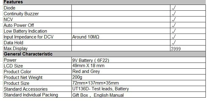 UNI-T UT136D цифровой мультиметр AC/DC Бесконтактный Напряжение Авто Диапазон Ом Гц