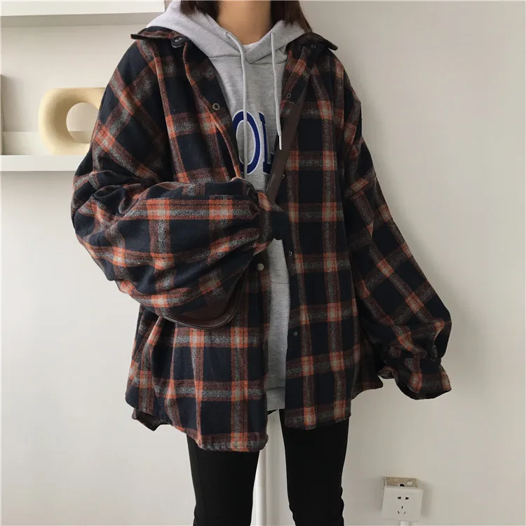 Harajuku Outono Xadrez Seção Fina lã Cardigan Coreano Puff Manga Magro Camisa Quente Jaqueta Retro Casual Feminino Botão Superior 2019 12 cardigan coreano puff manga magro camisa quente