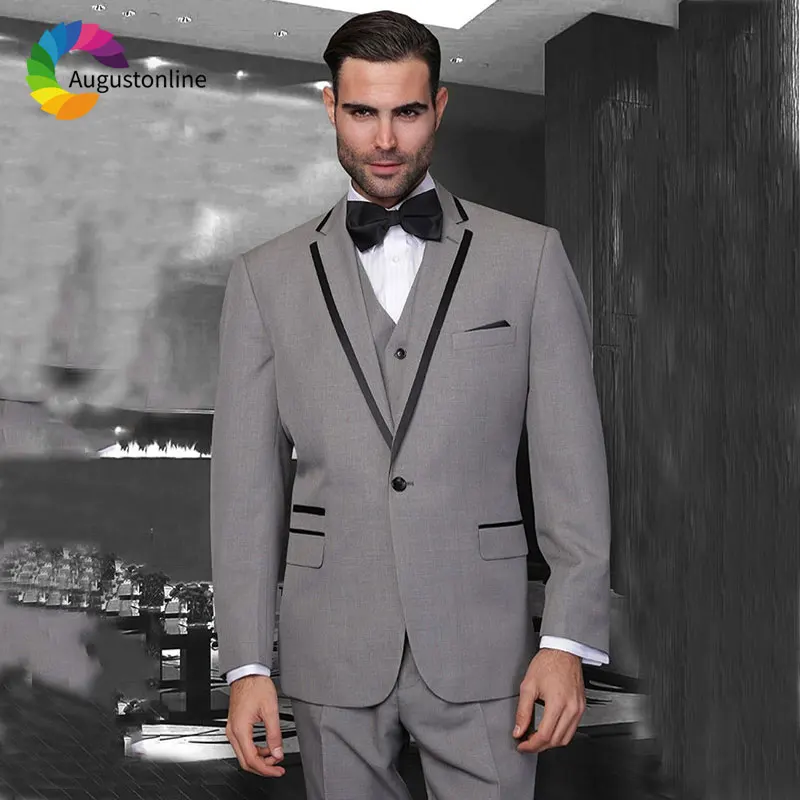 Tailored Made Grey Men Suits Black Peaked Lapel Slim Fit Groom Tuxedos Prom Wear Man Jacket 3Piece Pant Vest Costume Homme Terns formal slim fit groom tuxedo men suits 3piece jacket pants vest peaked lapel wedding suits for best man blazers suit