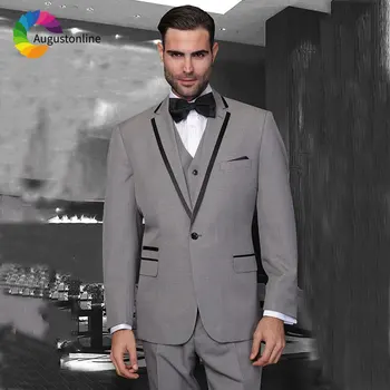 Tanie Dostosowane Wykonane Szary Mężczyźni Garnitury Czarny Szczyt Lapel Slim Fit Groom Smokingi Balu Wear Mężczyzna Kurtka 3 Sztuka Spodnie Kamizelka Kostium Homme Rybitwy