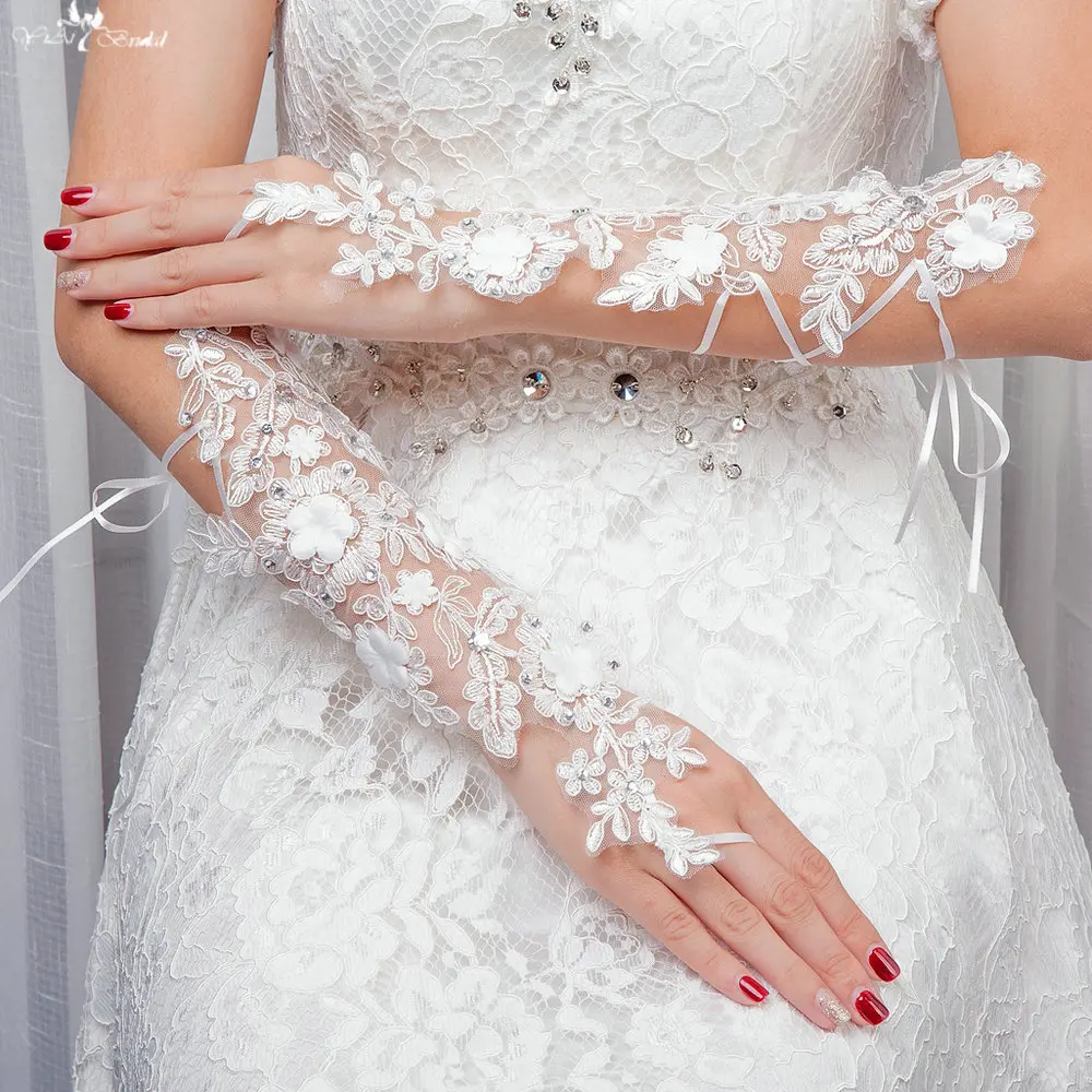 Lzp115 дамы элегантный кристалл цветок Кружево Свадебные перчатки Свадебные аксессуары