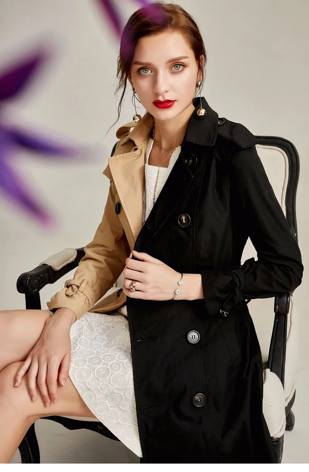 Осеннее элегантное женское двубортное пальто цвета хаки Dlim контрастное Женское пальто C1931