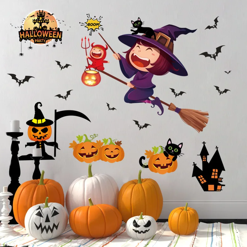 Halloween decorative wall sticker cartoon witch bat pumpkin lamp black